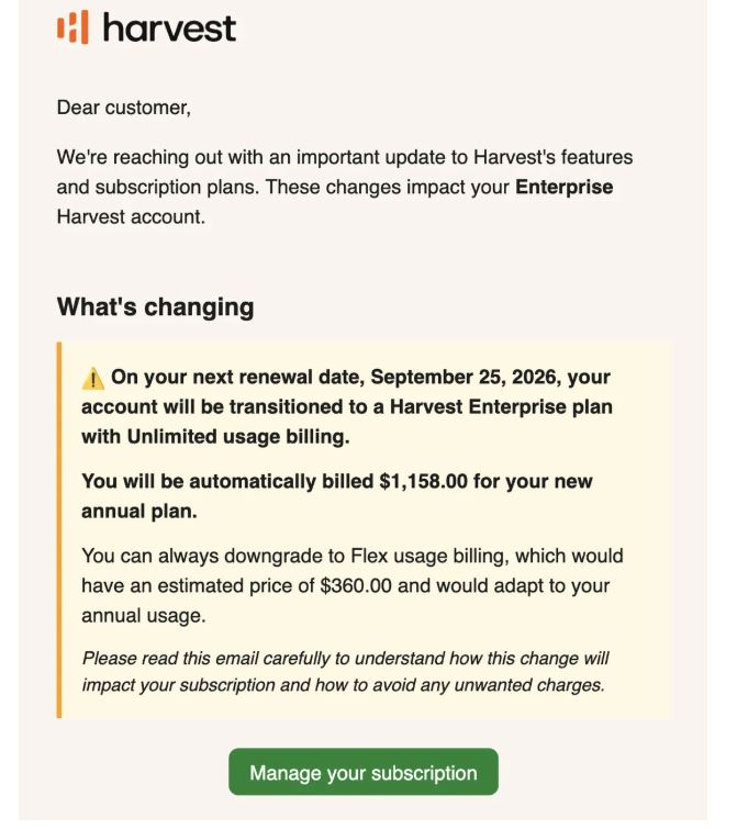 Harvest pricing changes discussion image