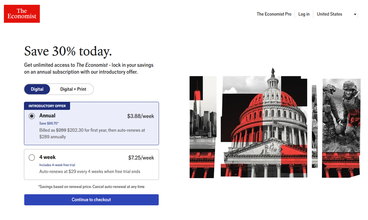The Economist pricing on August 28, 2026