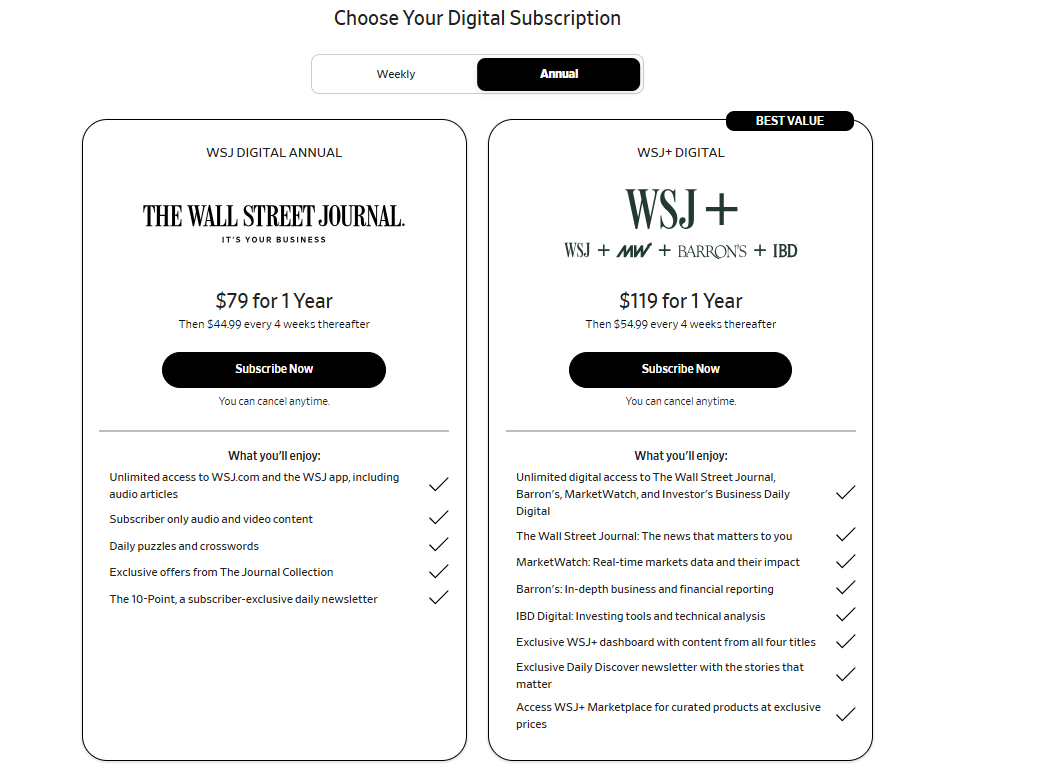 WSJ Subscription pricing on August 6, 2026