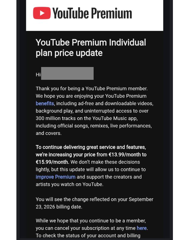 YouTube Premium pricing changes discussion image