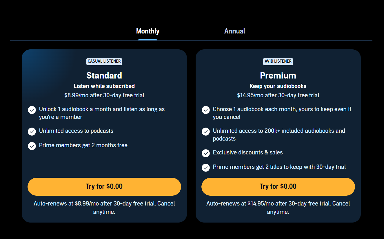 Audible Membership pricing on September 18, 2026