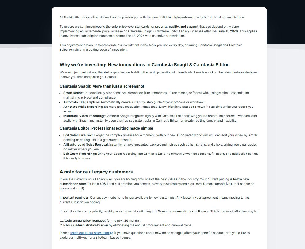 Camtasia pricing changes discussion image