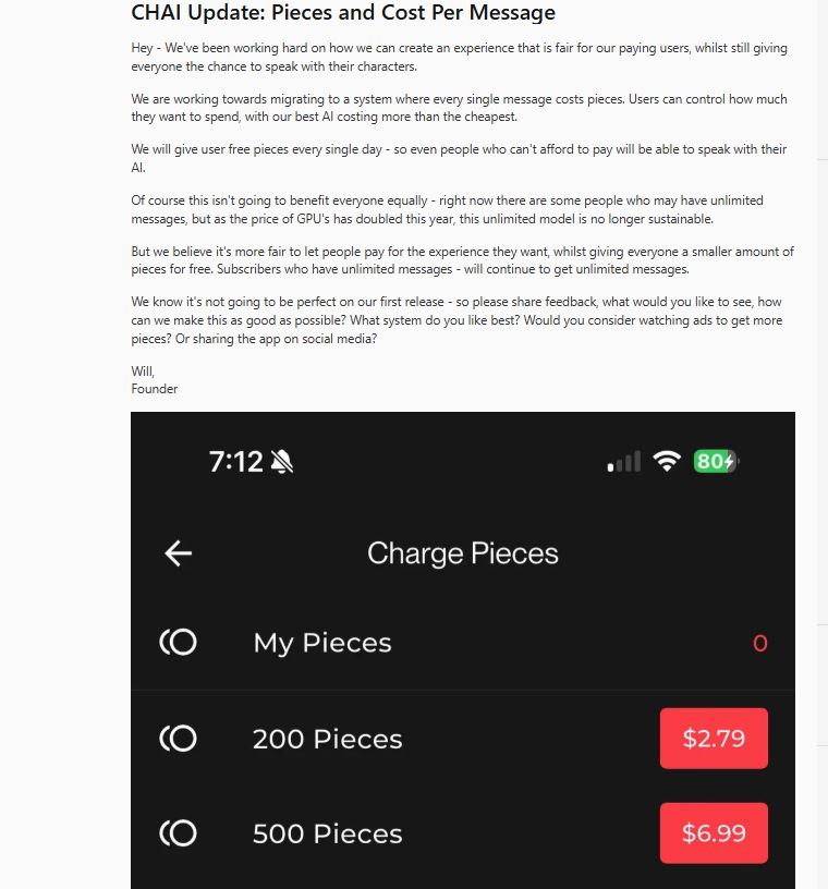 Chai AI pricing changes discussion image