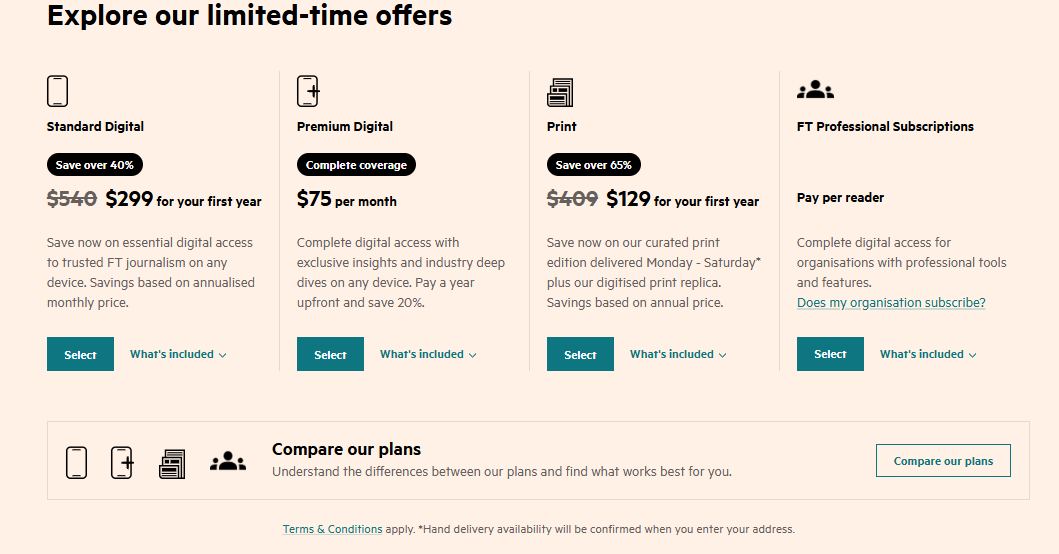 Financial Times Subscription pricing on September 2, 2026