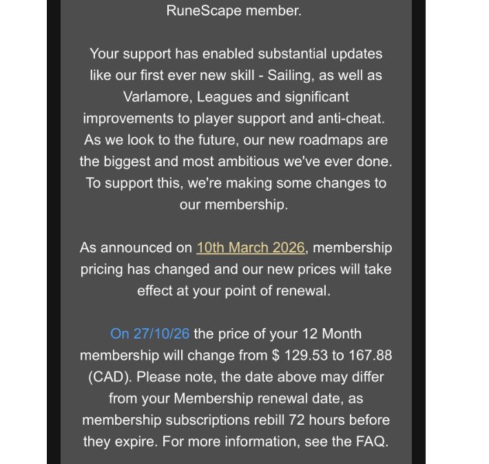 Runescape Membership pricing changes discussion image