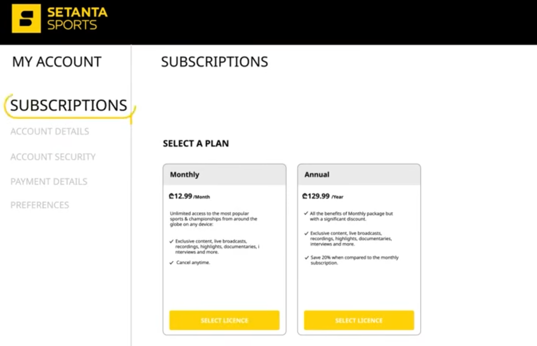 Setanta Sports pricing on September 11, 2026