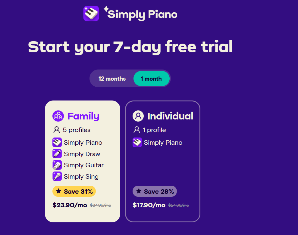 Simply Piano Subscription pricing on September 21, 2026