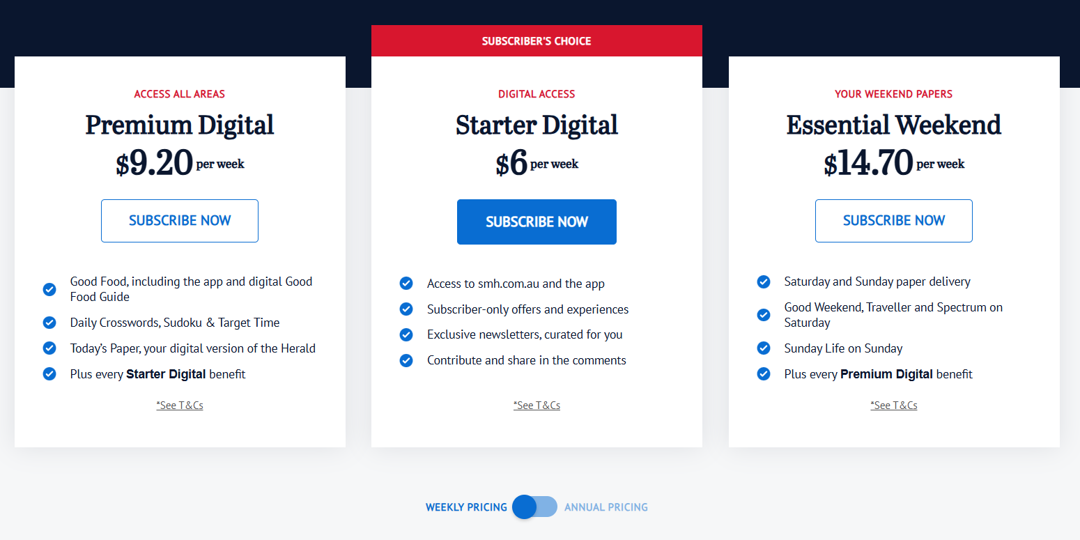 Sydney Morning Herald pricing on September 13, 2026