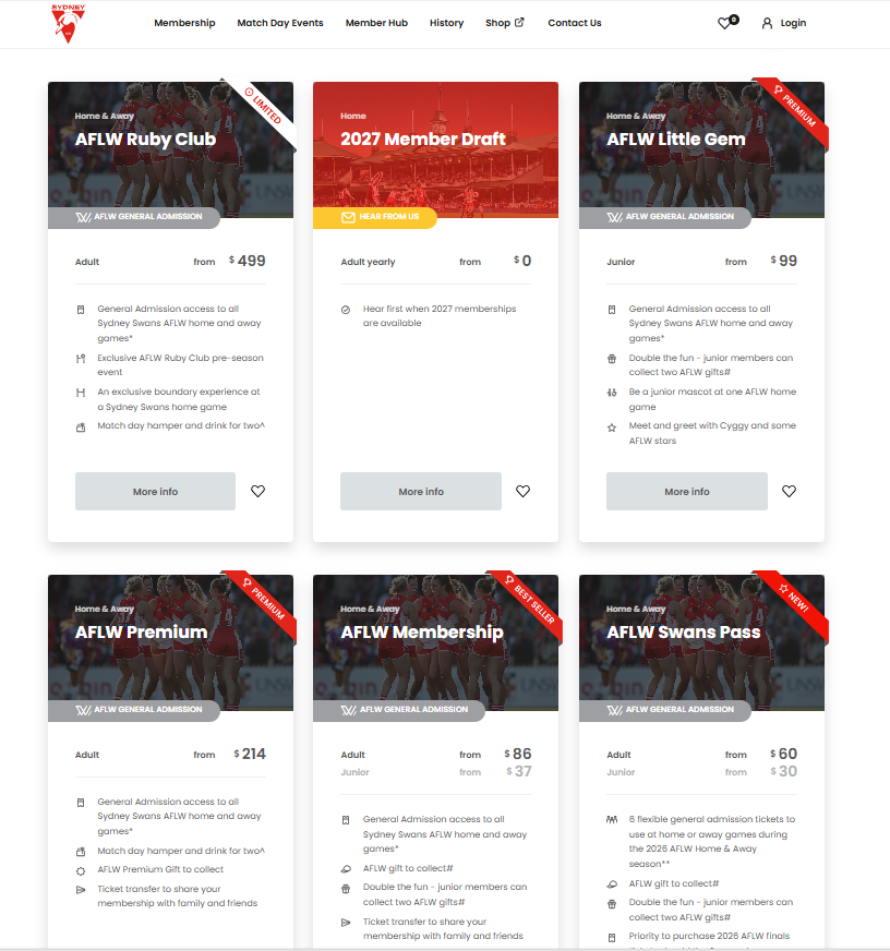 Sydney Swans Membership pricing on September 28, 2026