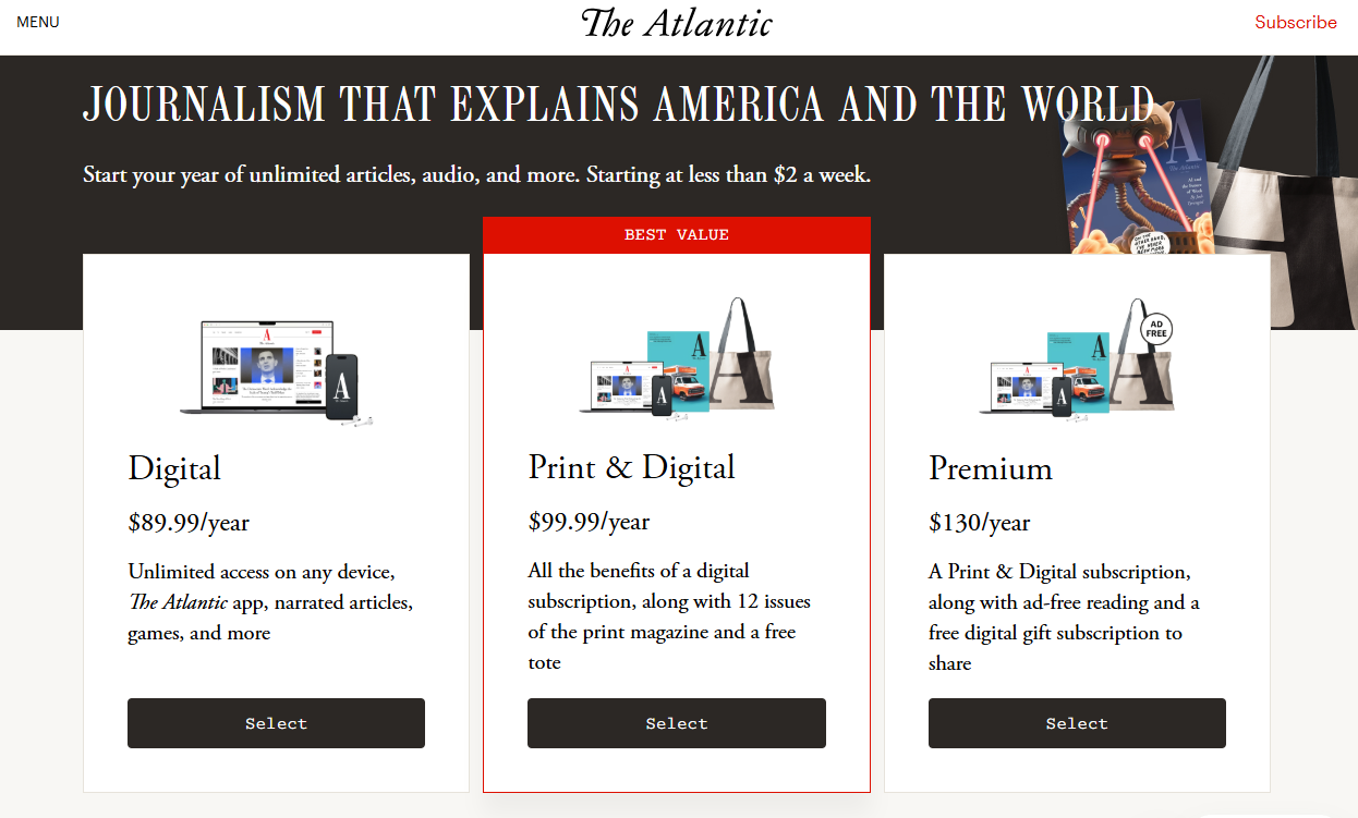 The Atlantic Subscription pricing on September 14, 2026