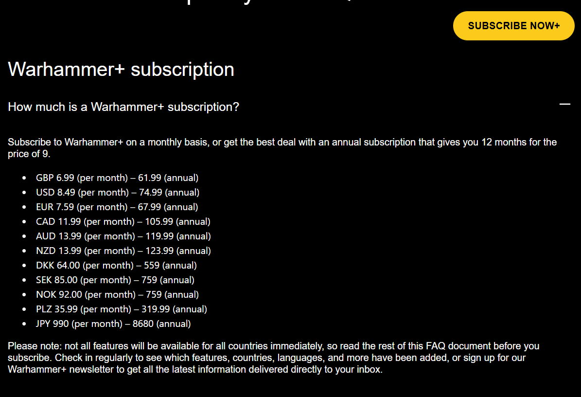 Warhammer Plus subscription pricing on September 27, 2026