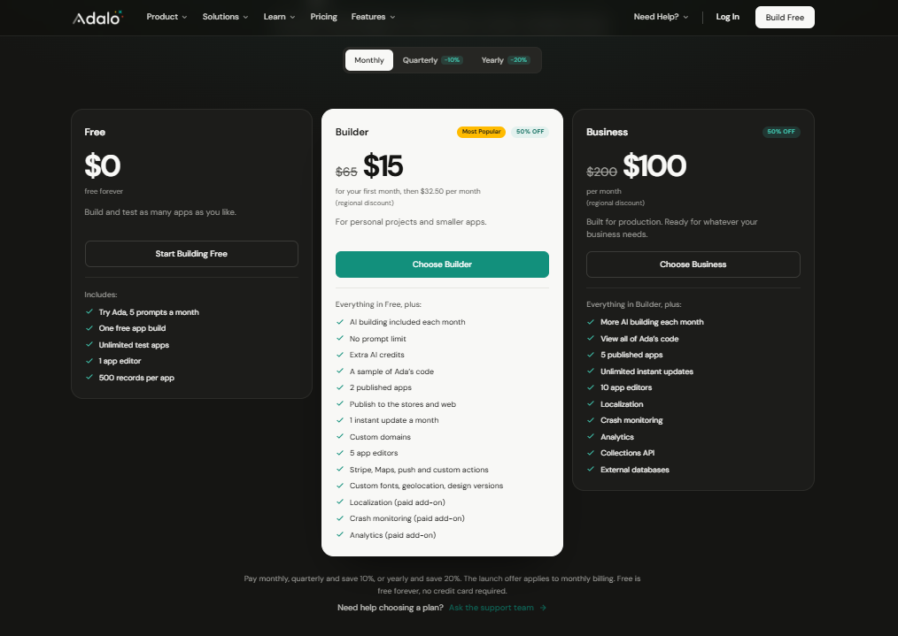 Adalo pricing on October 22, 2026