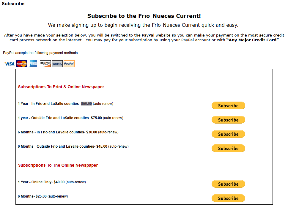 Frio-Nueces Current Subscription pricing on October 9, 2026