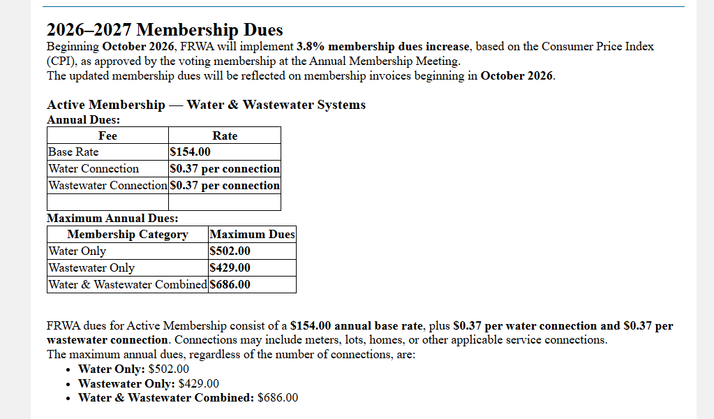 FRWA Membership pricing on October 7, 2026