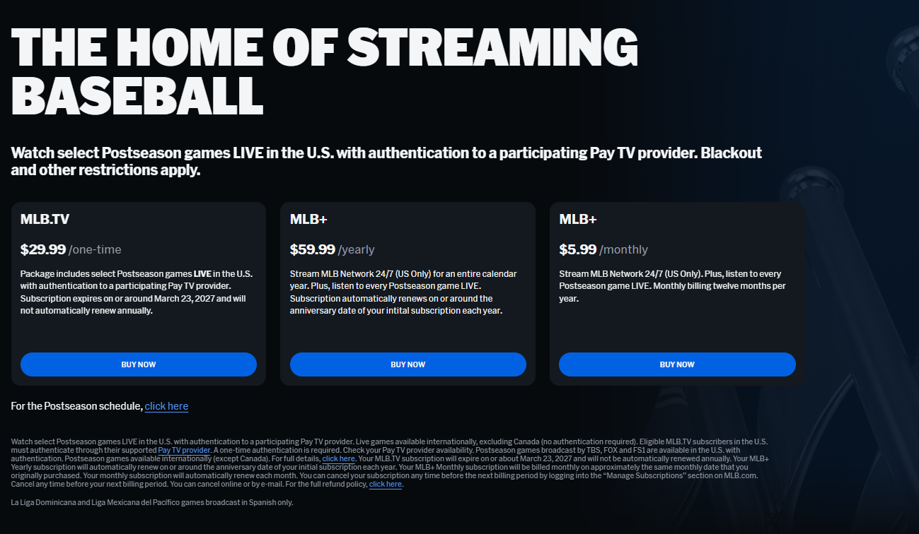 MLB Subscription pricing on October 10, 2026