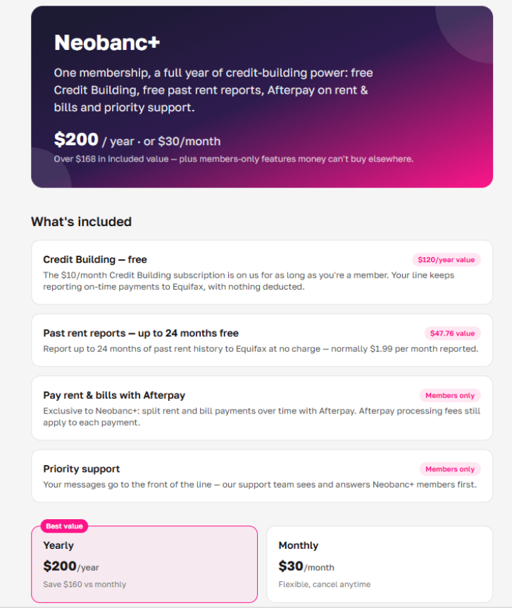 Neobanc Plus Subscription pricing on October 22, 2026