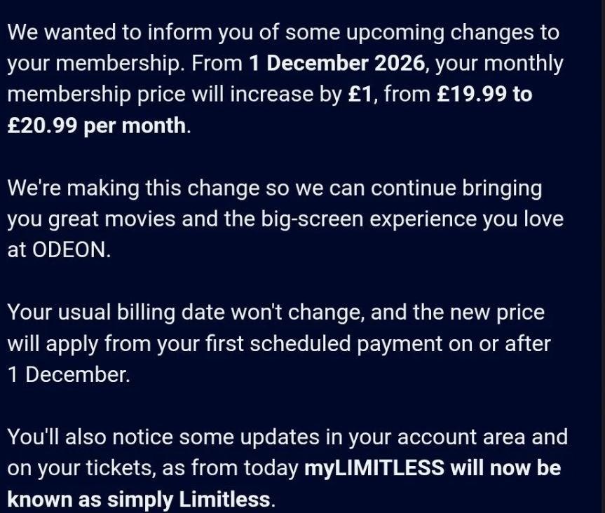 Odeon Membership pricing changes discussion image