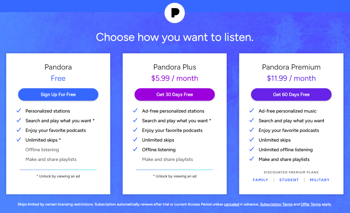 Pandora Subscription pricing on October 6, 2026