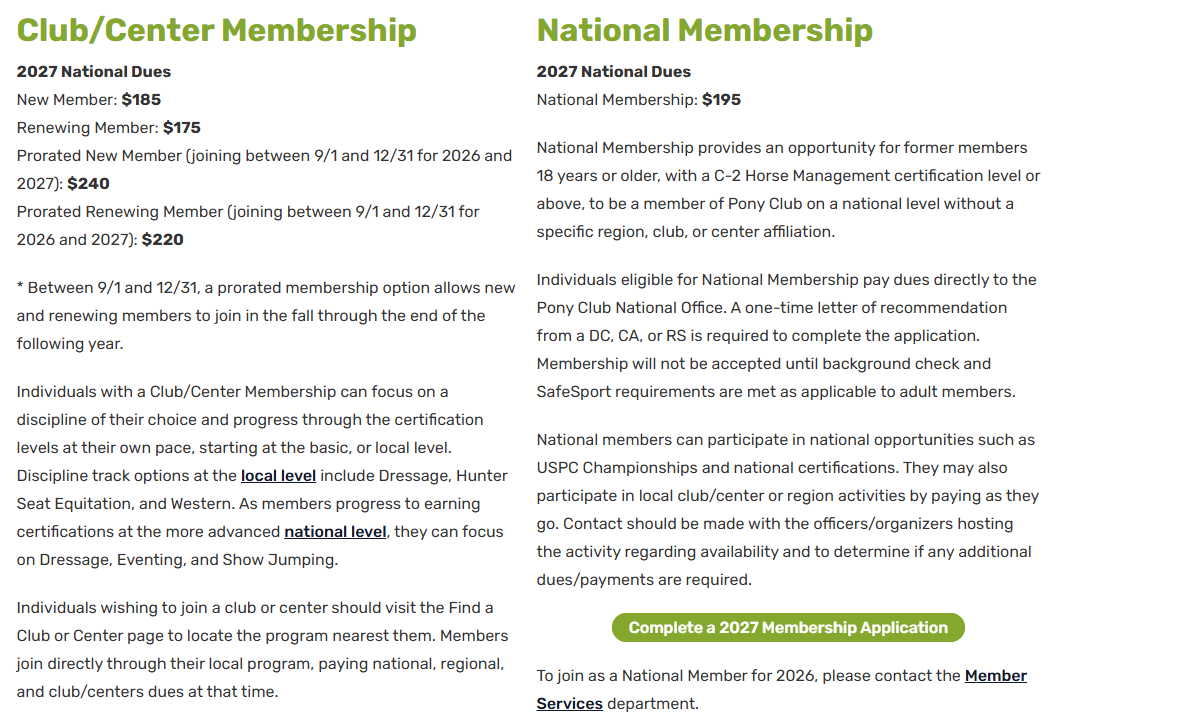 Pony Club Membership pricing on October 19, 2026