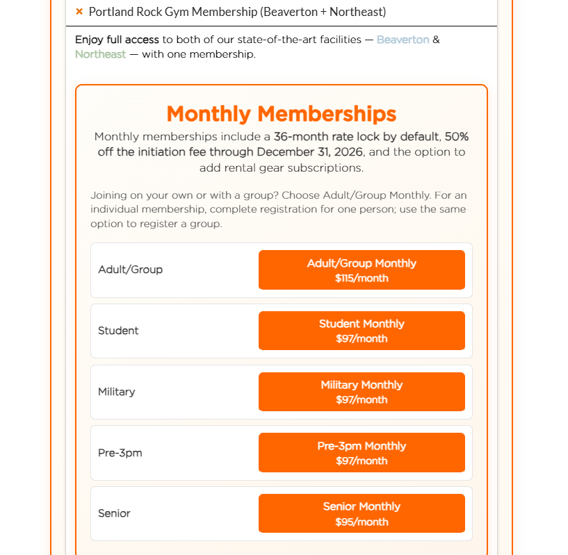 Portland Rock Gym Membership pricing on October 6, 2026
