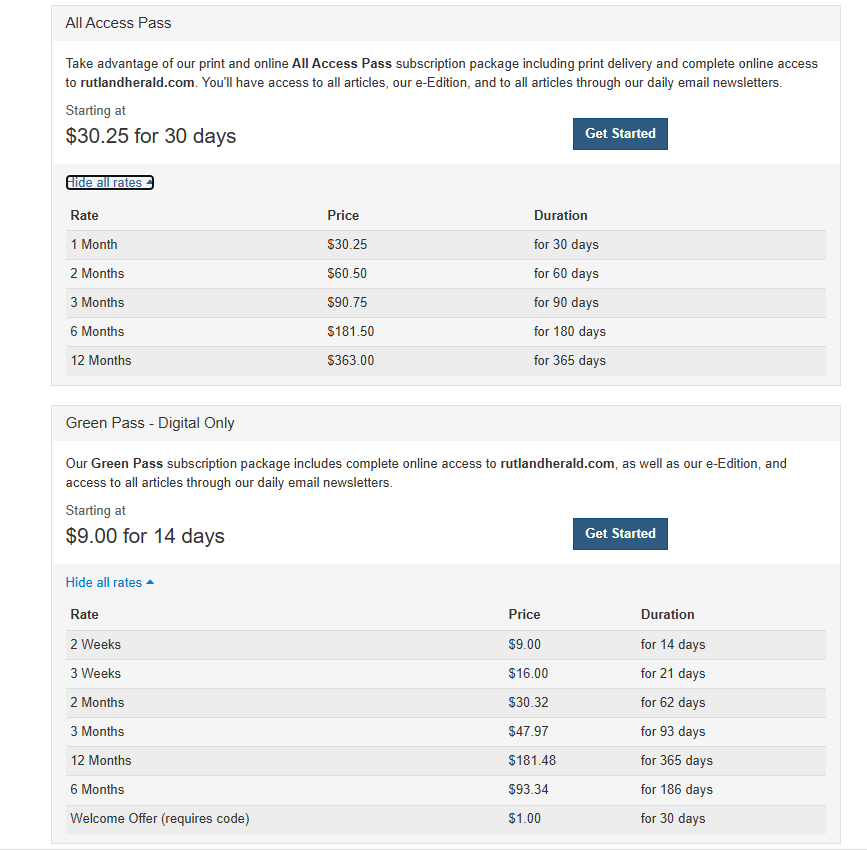 Rutland Herald Subscription pricing on October 5, 2026