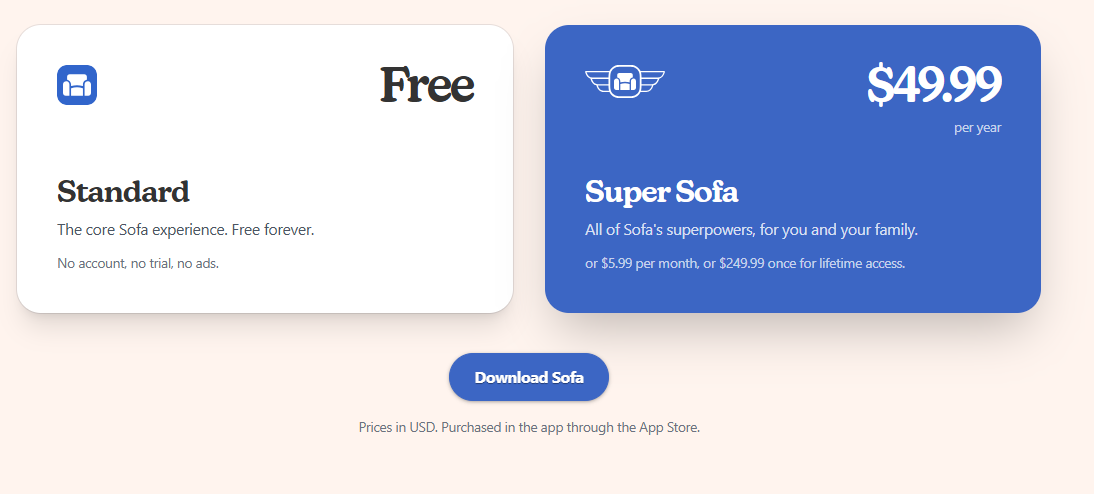 Sofa App pricing on October 8, 2026