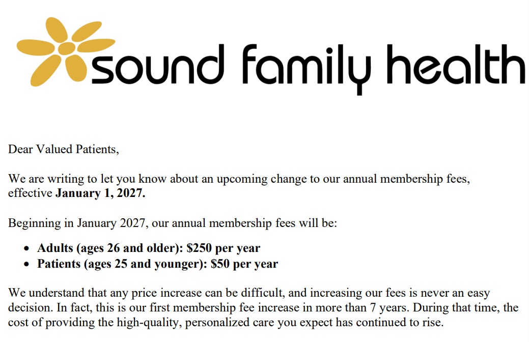 Sound Family Health Membership pricing on October 3, 2026