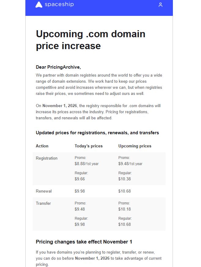Spaceship Domain Registration pricing changes discussion image